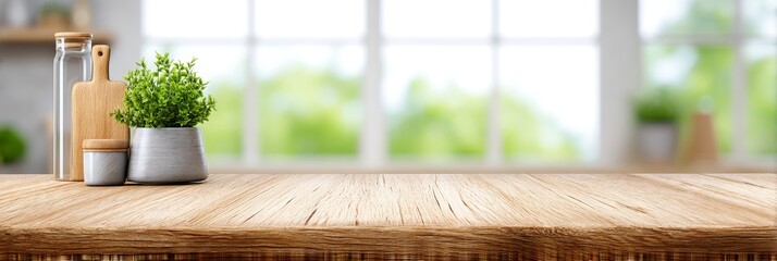 Wooden Tabletop Kitchen Scene - A clean wooden table against a blurred kitchen window background, with herbs, glass bottle and wooden cutting board. Perfect for food, kitchen, or home decor