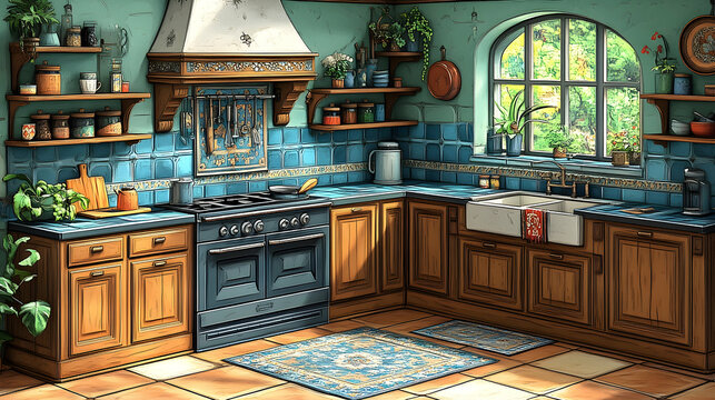 Cozy kitchen with terracotta floor and blue tiles