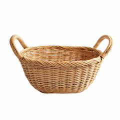 Fototapeta premium Natural handwoven wicker basket with two looped handles, crafted from light rattan or willow, perfect for storage, home decor, or rustic presentation, isolated on transparent background.