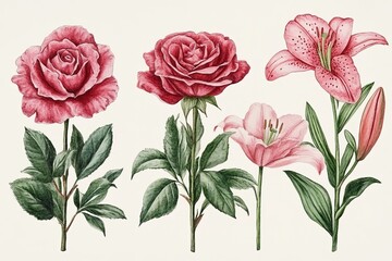 Fototapeta premium A delicate watercolor arrangement of flowers is blooming, featuring pink roses, lilies, and leaves, perfect for elegant floral designs