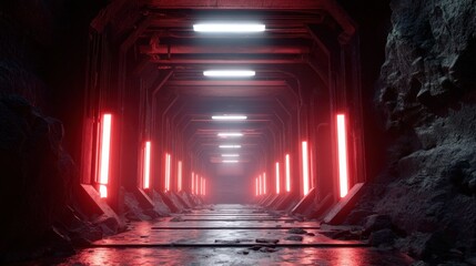 Mysterious cavern illuminated with glowing red lights and white lights, casting eerie shadows. Industrial tunnel environment.