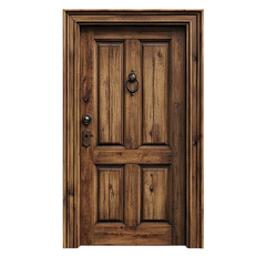 Vintage wooden door with unique texture and detailed craftsmanship, isolated on a white background.