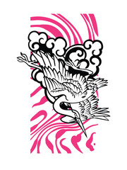 crane illustration design for sukajan is mean japan traditional cloth or t-shirt with digital hand drawn Embroidery Men T-shirts Summer Casual Short Sleeve Hip Hop T Shirt Streetwear 