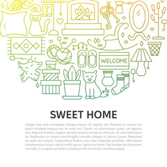 Sweet Home Line Concept. Vector Illustration of Outline Design. House Indoor Decor and Interior Linear Objects.