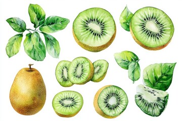 Fototapeta premium Kiwi fruit has been set, with watercolor depictions of the fruit cut into halves and slices for a botanical illustration of fresh tropical fruit in isolation