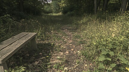 Serene woodland path with bench