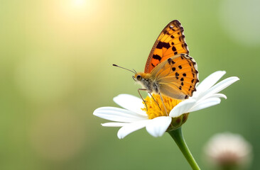 Obraz premium Orange butterfly on white daisy with blurred green background. 