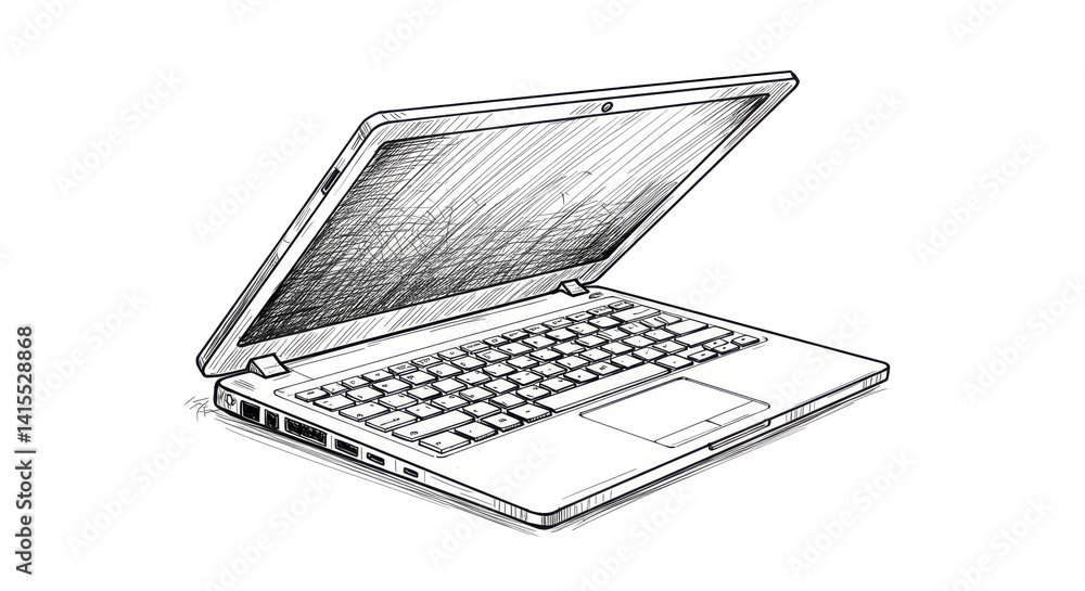 Poster a black and white sketch of an open laptop with visible keyboard and screen on a black background
