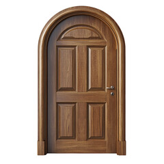 A wooden arched door with a classic design, isolated on a white background.