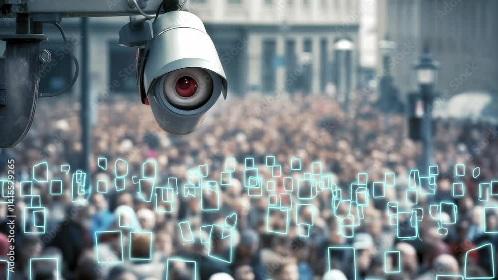 Poster security camera with red lens observes crowded urban street. glowing digital rectangles overlay blur
