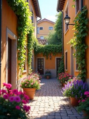  Vintage home facade with greenery and spring flowers