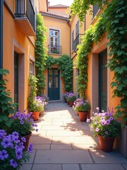 Old building garden scene with warm tones and shadows
