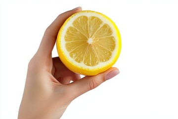 Bright Citrus: Female Hand Compressing Lemon Against a Clean White Background