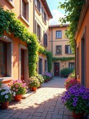 European-style alley with blooming petunias and sunlight