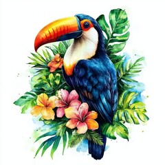 Fototapeta premium Tropical flowers and leaves surround a colorful toucan in an exotic watercolor illustration suitable for cards and posters