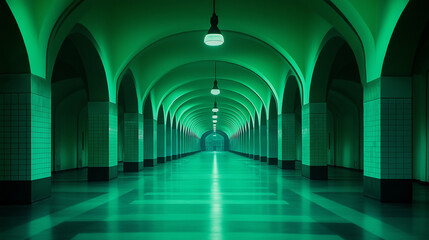 Fototapeta premium Tunnel of Green Radiance: An architectural marvel, a long corridor bathed in an ethereal green glow, draws the eye toward a distant vanishing point, evoking a sense of mystery and depth.