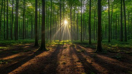 Sunlight streams through lush green trees casting long shadows across the forest floor in a peaceful natural scene