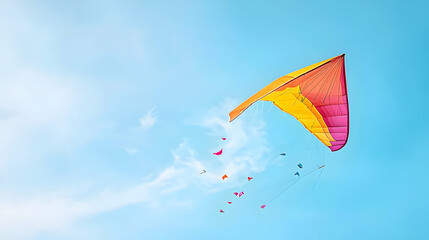 Colorful Triangle Kite Flying In Sunny Blue Sky
