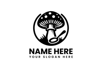 Mushroom Logo Design Template: A minimalist and iconic logo design featuring a black and white illustration of a mushroom, stylized with a spoon. It's perfect for a culinary brand or restaurant.