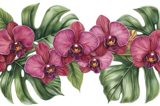 watercolor orchids and leaves on white background clip art preview