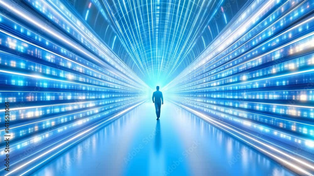 Poster silhouette walking through illuminated technological corridor with blue light lines and grid perspec