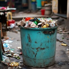 Humorous Trash Container Overflowing with Rubbish, Emphasizing the Quirky Side of Waste Management