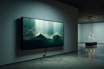 A large digital artwork displaying abstract energy waves in a dimly lit modern art gallery.