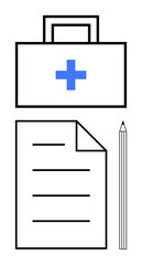 Obraz premium First aid kit with blue cross symbol, lined paper, and pencil emphasizing medical recordkeeping, health planning, or documentation. Ideal for healthcare, emergency preparation, planning, insurance