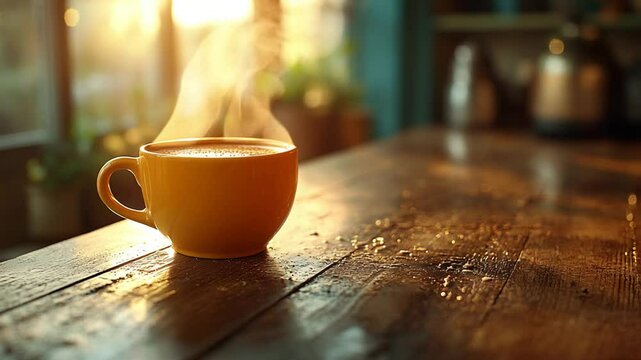 Warm cup of steaming coffee on a rustic wooden table with sunlight streaming through a window