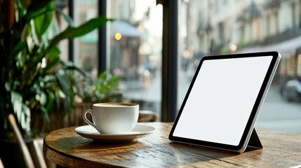 A Mockup of a blank tablet screen sitting on a wooden table in a coffee shop, with a cup of coffee beside