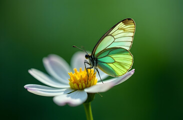 Fototapeta premium A vibrant green butterfly with delicate wings rests on a white flower, set against a softly blurred green background, symbolizing nature and serenity