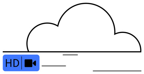 Cloud symbol with HD video play icon representing video streaming and storage technology. Ideal for media sharing, tech innovation, digital connectivity, remote access, cloud computing, online