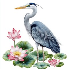 In this hand-painted nature scene, a watercolor heron is beautifully depicted among lotus flowers and leaves, creating an elegant image of aquatic plants on a white background