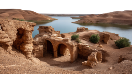 Ancient Ruins by the Water: Witness the silent testament of time as ancient ruins stand proudly by the tranquil water. It narrates the story of a once-thriving civilization, sculpted by sun and wind.