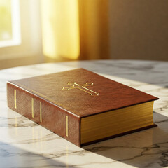 Closed holy bible featuring a gold cross on its cover, resting on a marble table, illuminated by warm sunlight streaming in.