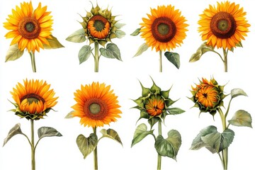 Bright flowers such as sunflowers and floral leopard are depicted in a watercolor botanical illustration on a white background for use in floral design