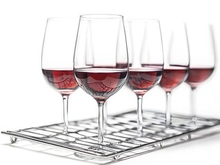 Freshly Washed Transparent Wine Glasses Drying on a Steel Dish Rack on a White Background