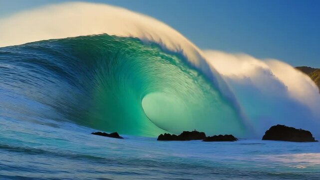 Powerful ocean wave with emerald water curling and breaking over rocks against a vibrant blue sky