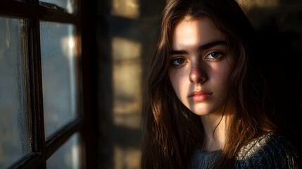 Young Woman Gazing Pensively Through Dramatic Window Light