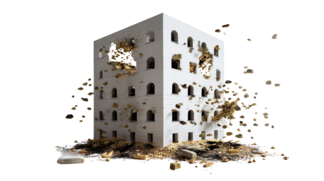 Building Destruction: A white building crumbles to the ground as a cascade of golden bricks rain down around it, creating a captivating image of destruction and chaos.