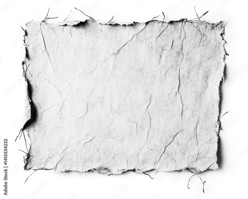 Poster textured surface of scratched paper with frayed edges isolated on white background in monochrome