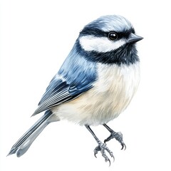 Obraz premium tit bird, beautiful watercolor songbirds black capped chickadees with fluffy feathers isolated on background, clipart becomes ‘tit bird, lovely watercolor songbirds black capped chickadees with
