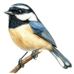 Obraz premium tit bird, hand painted wildlife illustration featuring adorable black capped chickadee birds in a realistic watercolor style