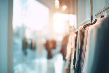 sleek clothing shop interior featuring stylish garments on racks customers blurred in background