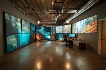 Fototapeta premium Stunning modern video editing suite with large screens displaying abstract digital art