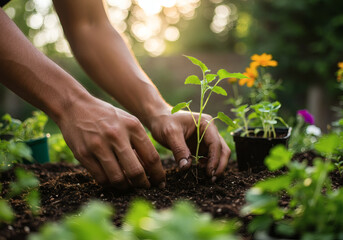 Fototapeta premium Hands carefully plant a seedling in the garden, surrounded by lush greenery and warm sunlight.