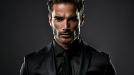 Fototapeta premium Stylish Man in Black Suit with Dramatic Lighting and Dark Background