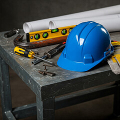 Fototapeta premium Construction tools and blue hard hat resting on a metal surface, representing workplace safety and industrial work.
