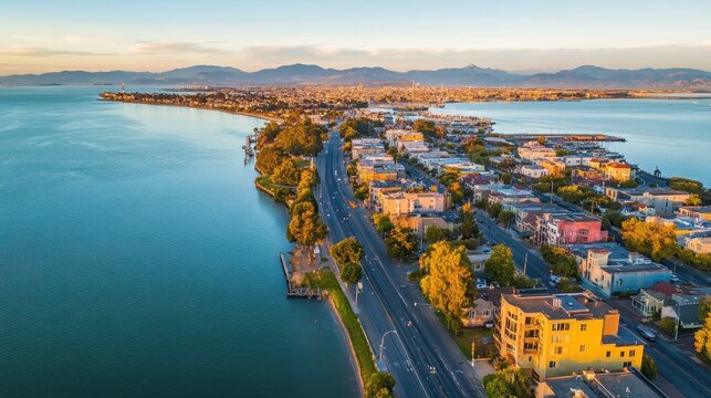Bird's Eye View of Alameda Island and San Francisco Bay Near Oakland, California: A Serene Aerial Perspective Over Roads and Streets