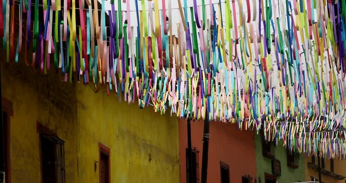 Beautiful Day of the Dead decorations hang in the historic downtown heart of Pinal de Amoles, Quer&eacute;taro, Mexico.
